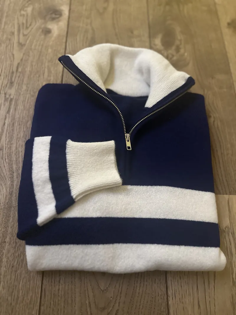 AAC Stripe Lambswool 1/4 Zip - Navy/Cream